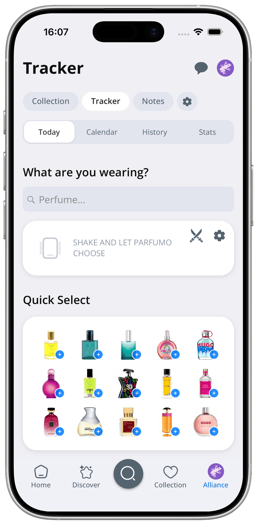 Parfumo App tracker asking what you are wearing today