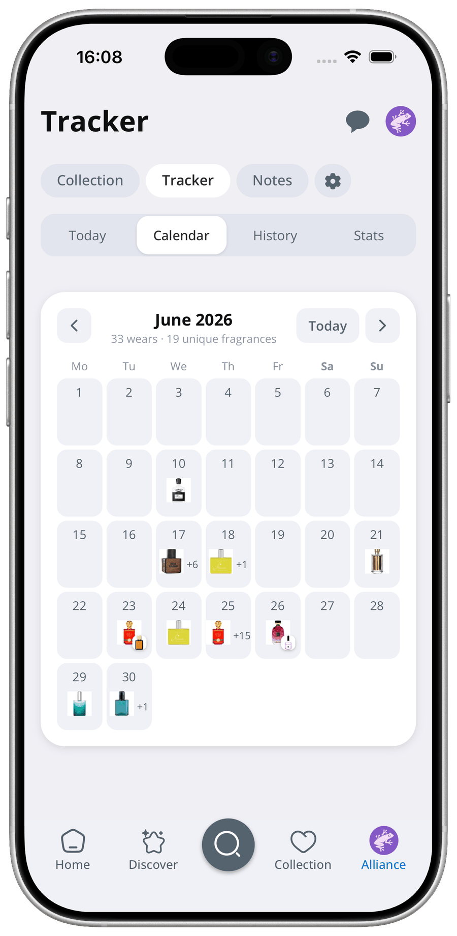 Parfumo App tracker calendar of fragrances worn each day