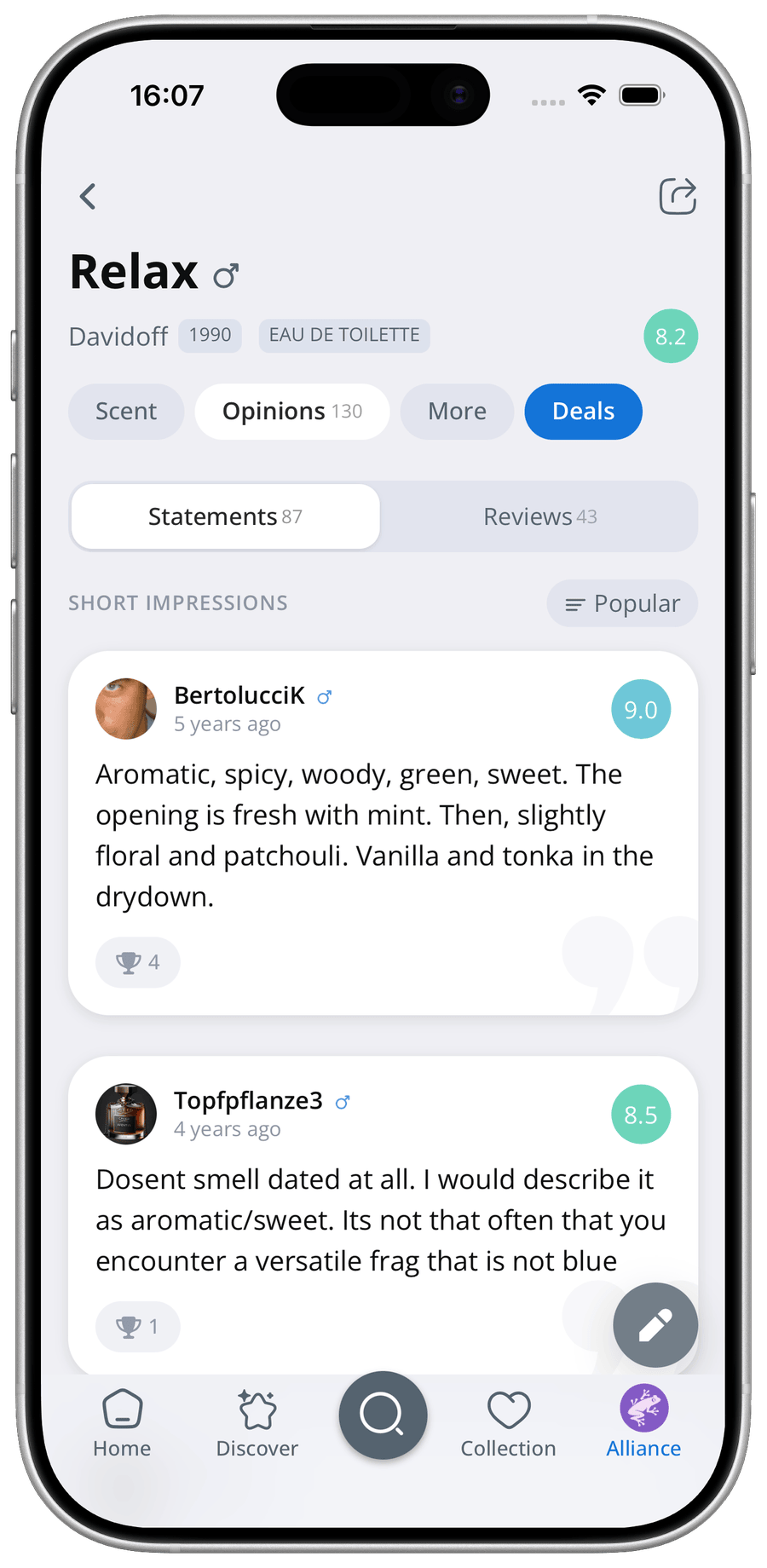 Parfumo App community reviews and short impressions
