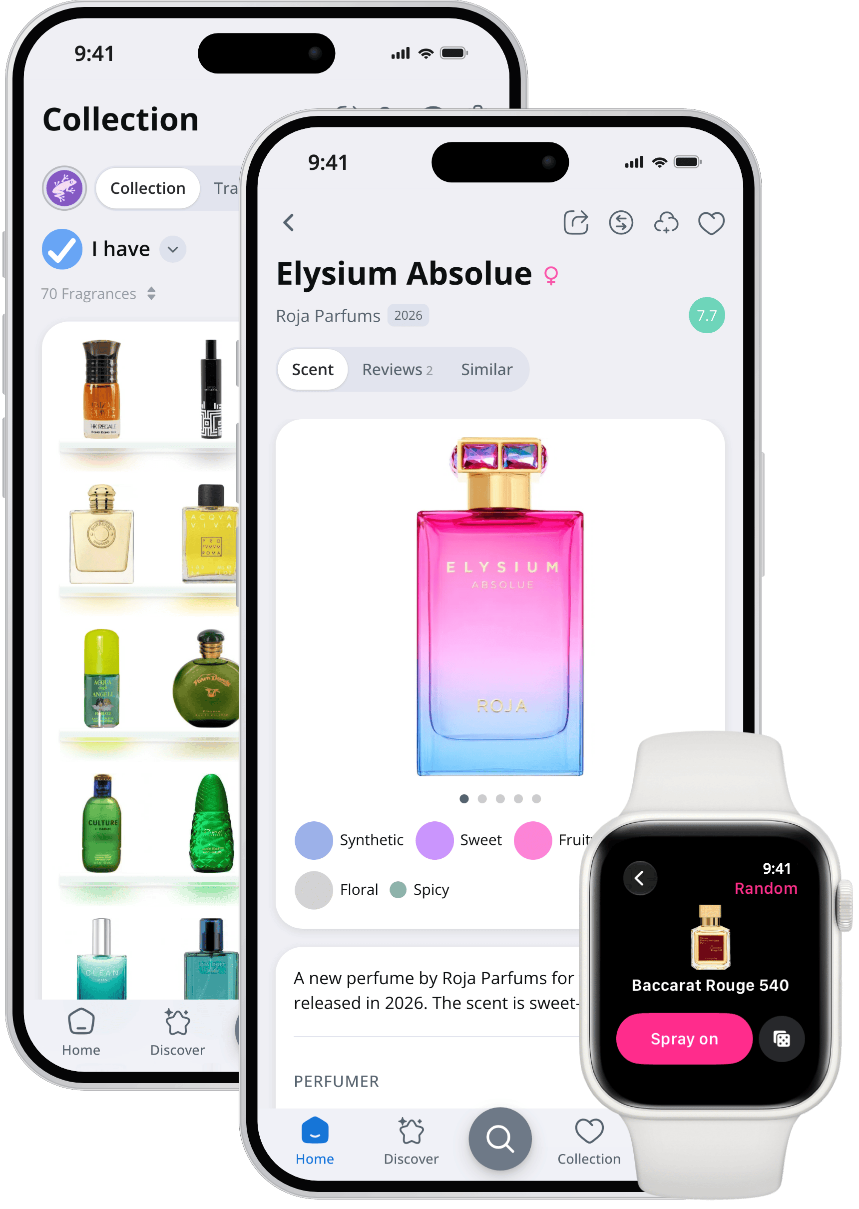 The Parfumo app on two iPhones and an Apple Watch: a collection shelf, the perfume page of Elysium Absolue and a random pick ready to spray on the watch