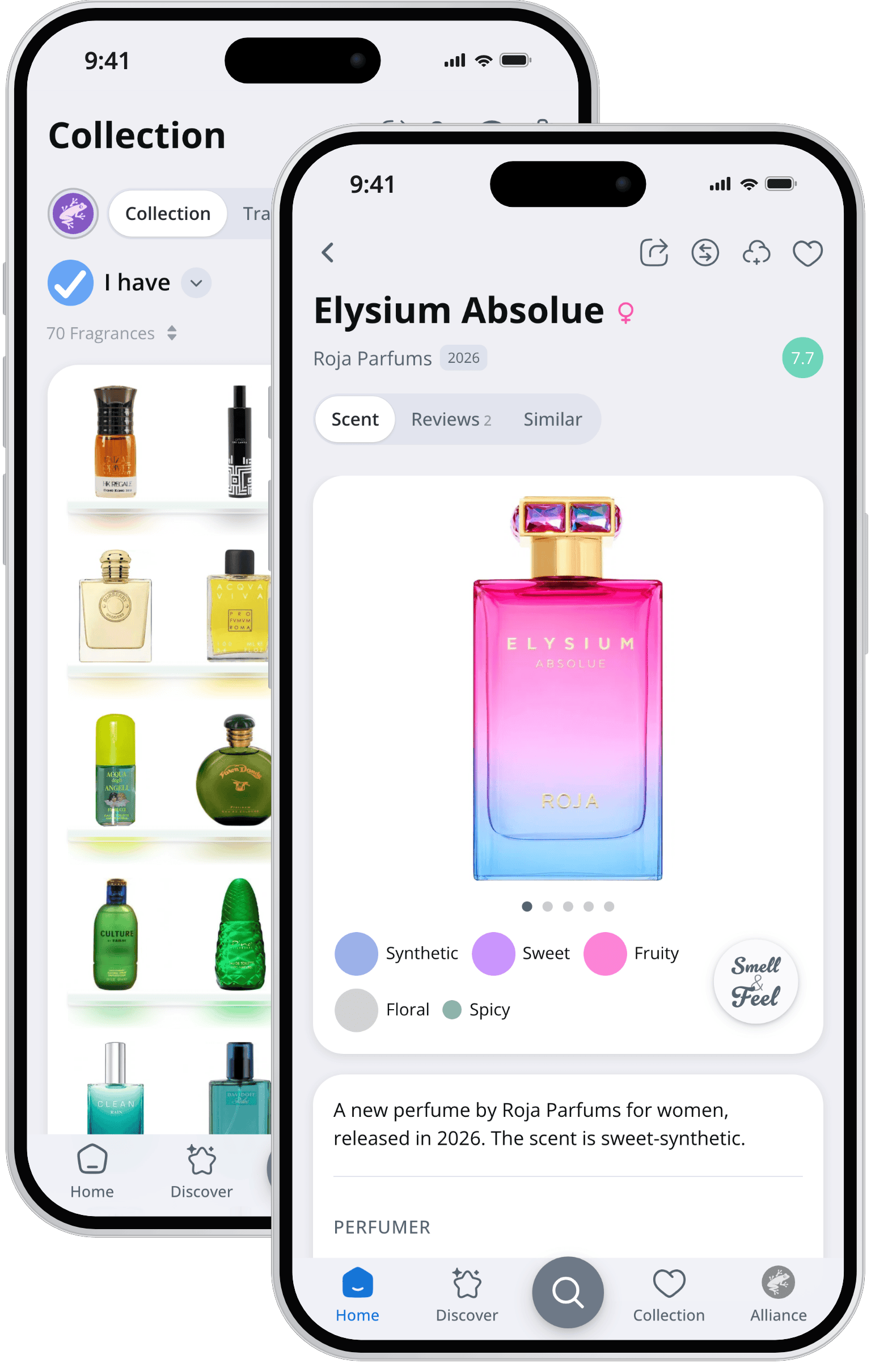 The Parfumo app on two iPhones: a collection shelf and the perfume page of Elysium Absolue