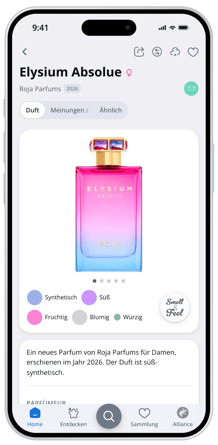 Parfumo App Parfumseite für Elysium Absolue mit Bewertung und Duftprofil