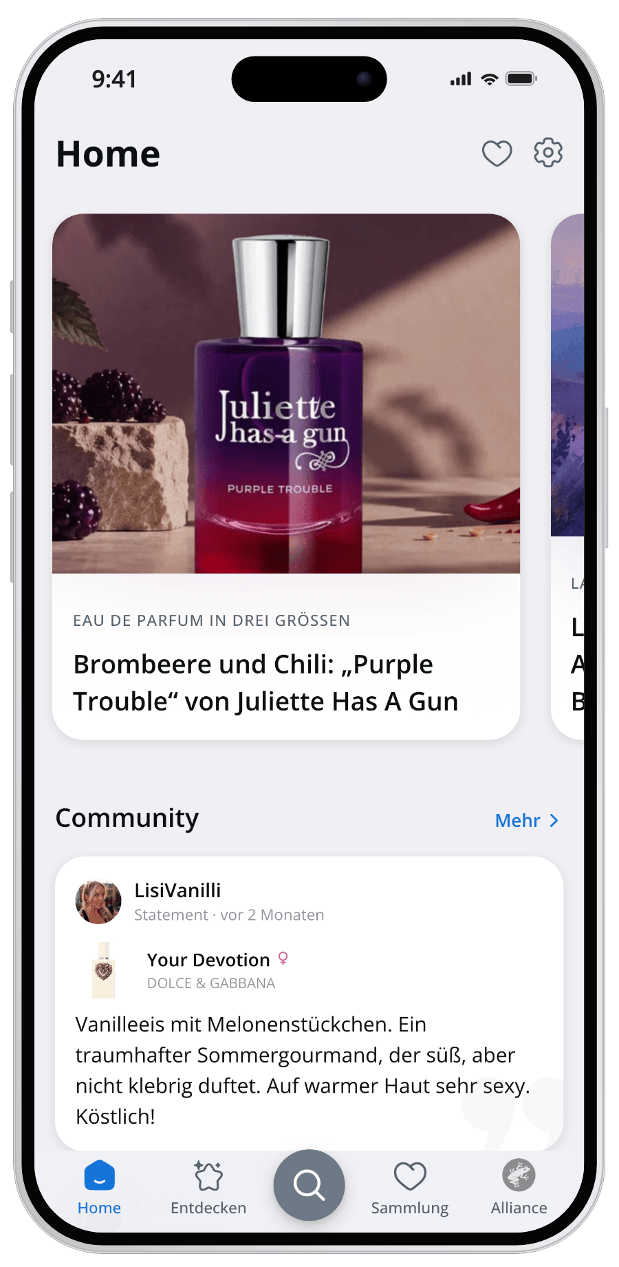 Parfumo App Startseite mit Parfum-News und Neuheiten