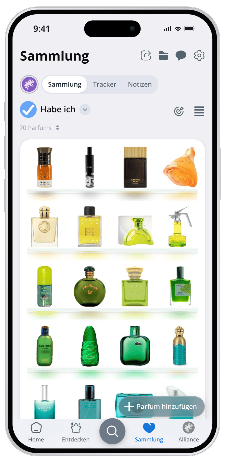 Parfumo App Sammlung mit Flakons im Regal