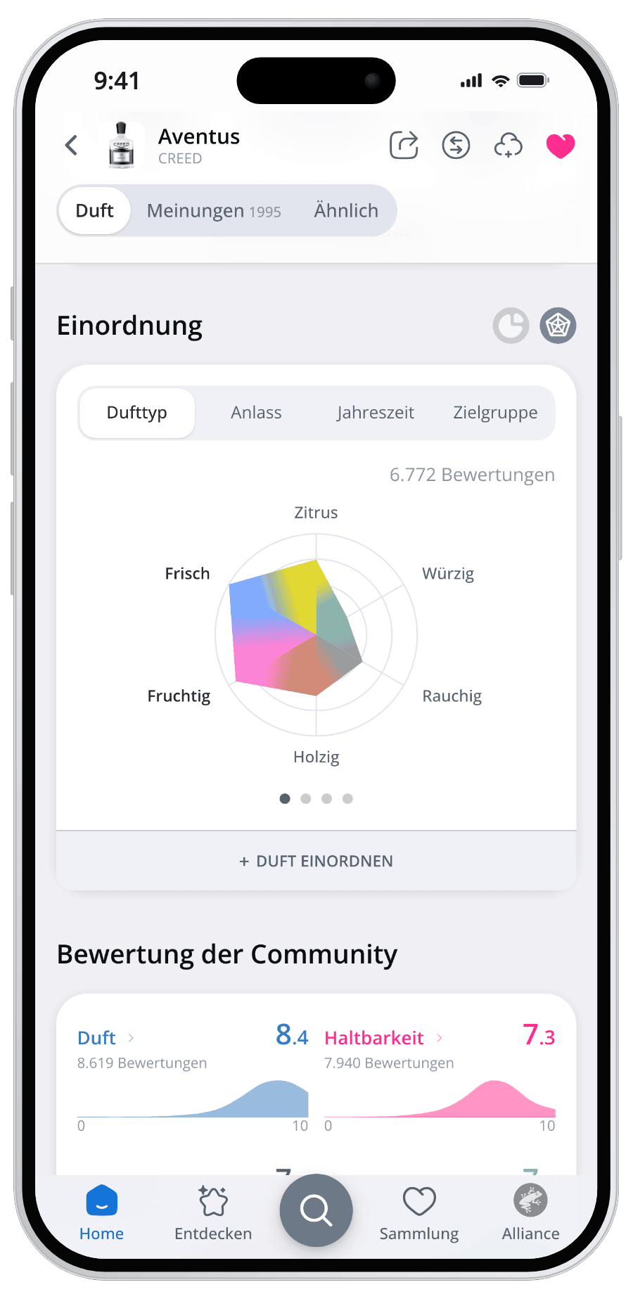 Parfumo App Bewertungsdetails eines Parfums als Netzdiagramm