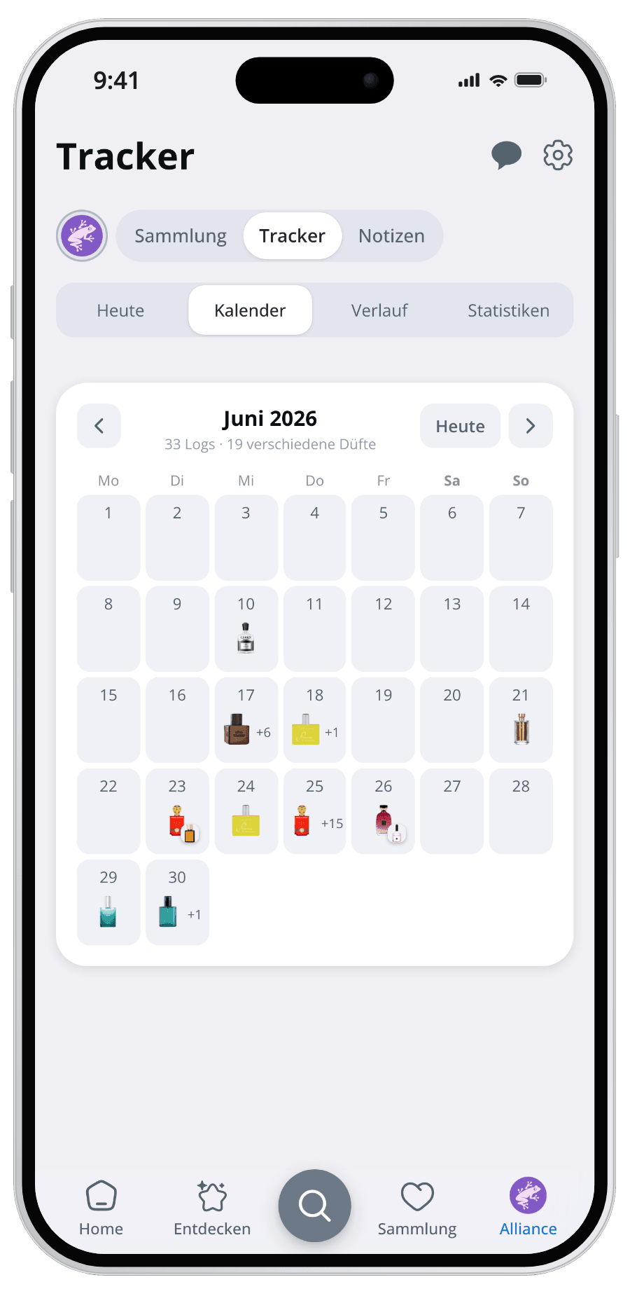 Parfumo App Tracker-Kalender mit getragenen Düften pro Tag