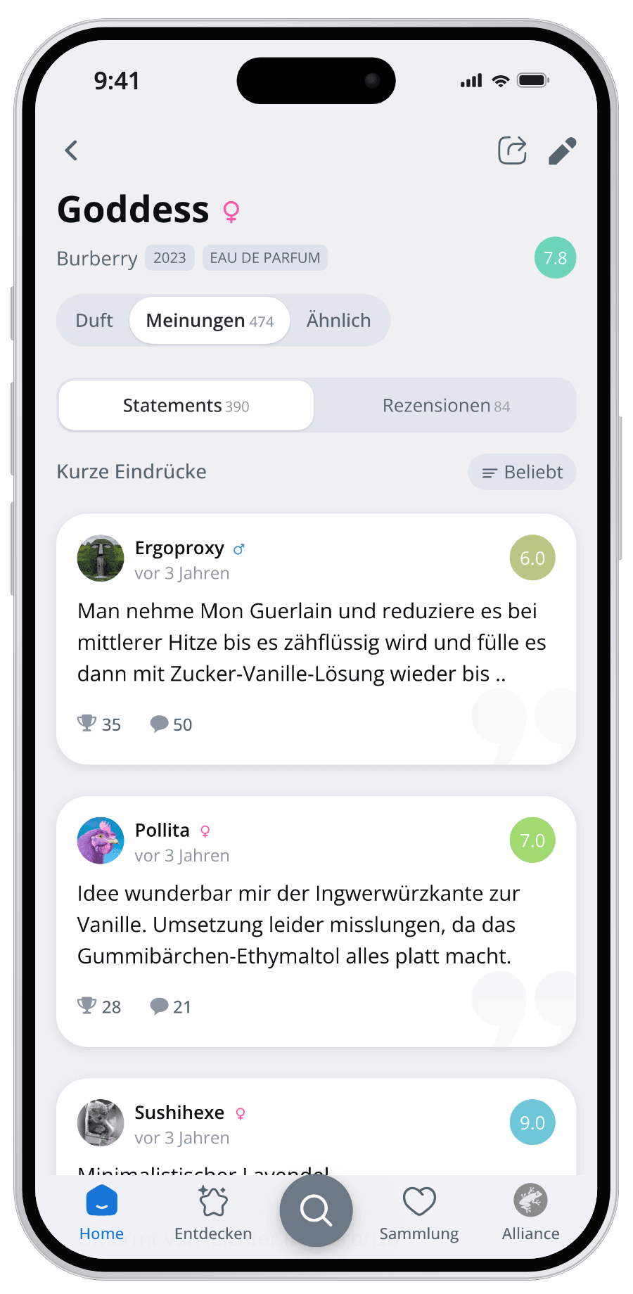 Parfumo App Statements der Community zu einem Parfum