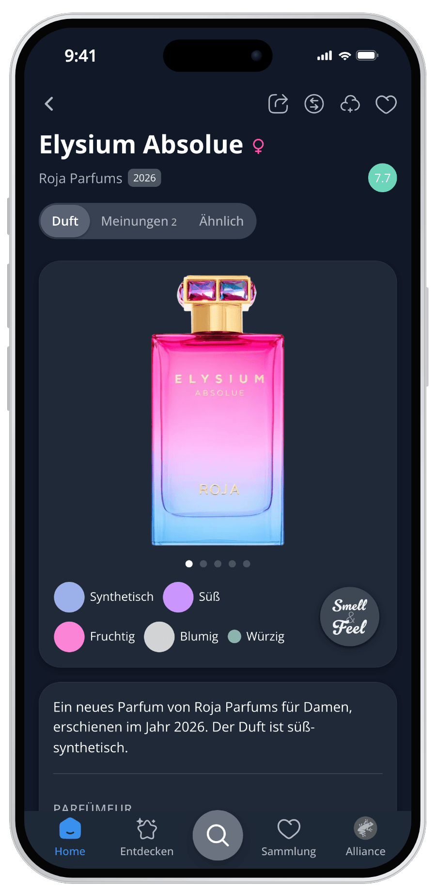 Parfumo App Parfumseite im Dark Mode