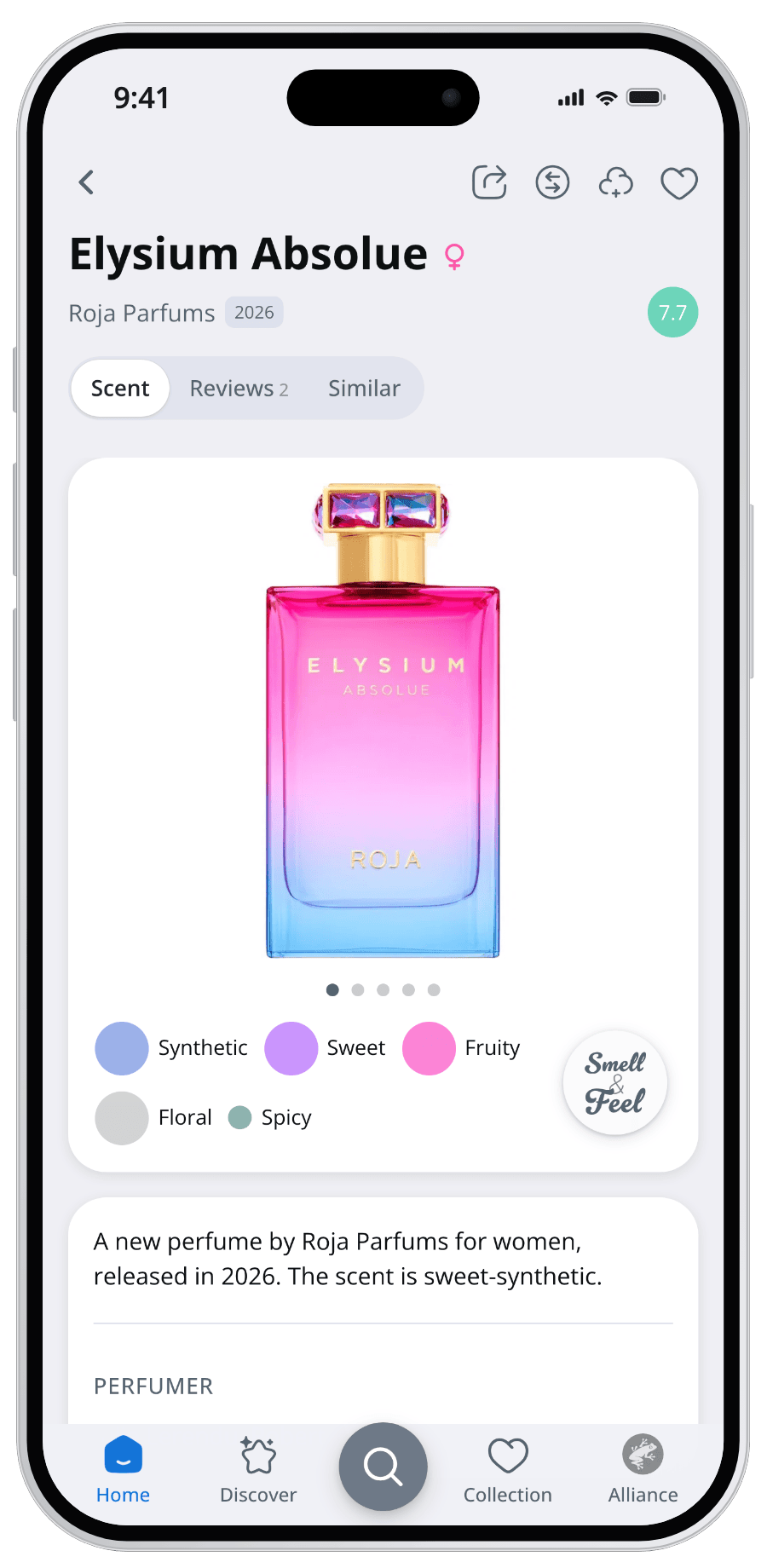 Parfumo App perfume page for Elysium Absolue with rating and scent profile