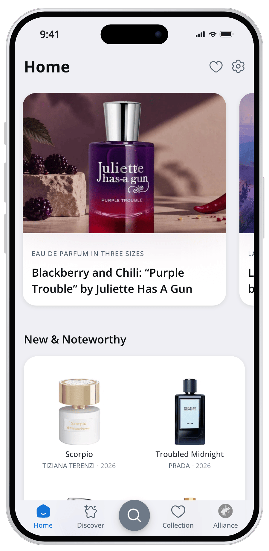 Parfumo App home screen with perfume news and new releases