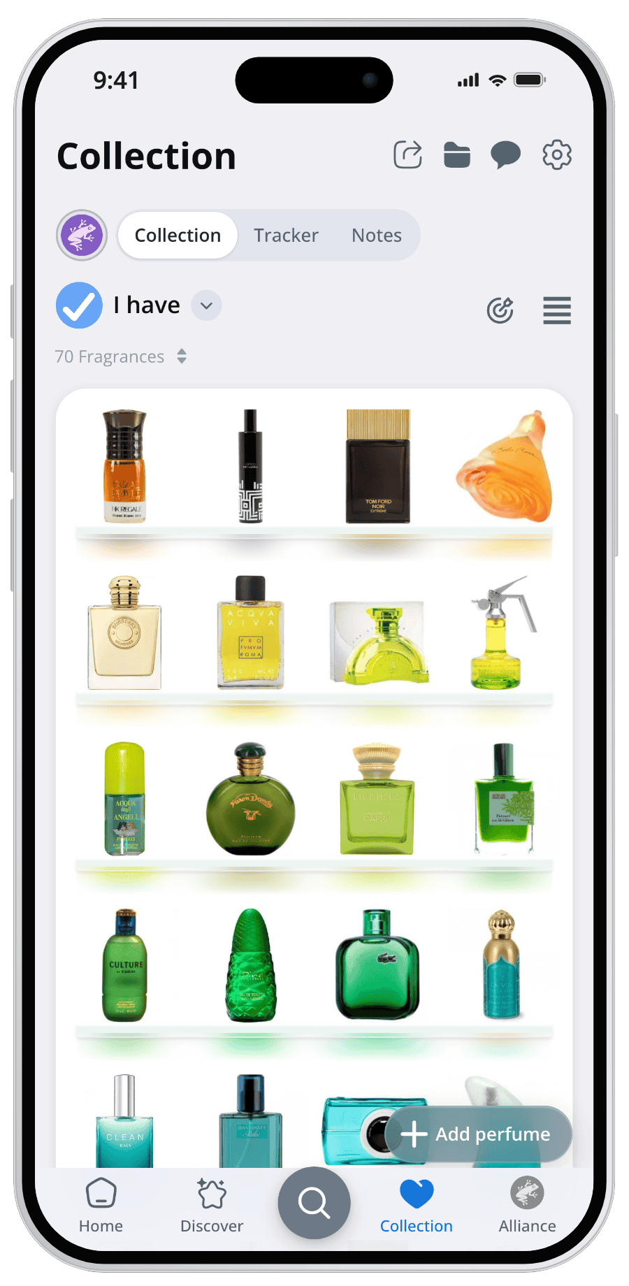 Parfumo App collection with perfume bottles on shelves