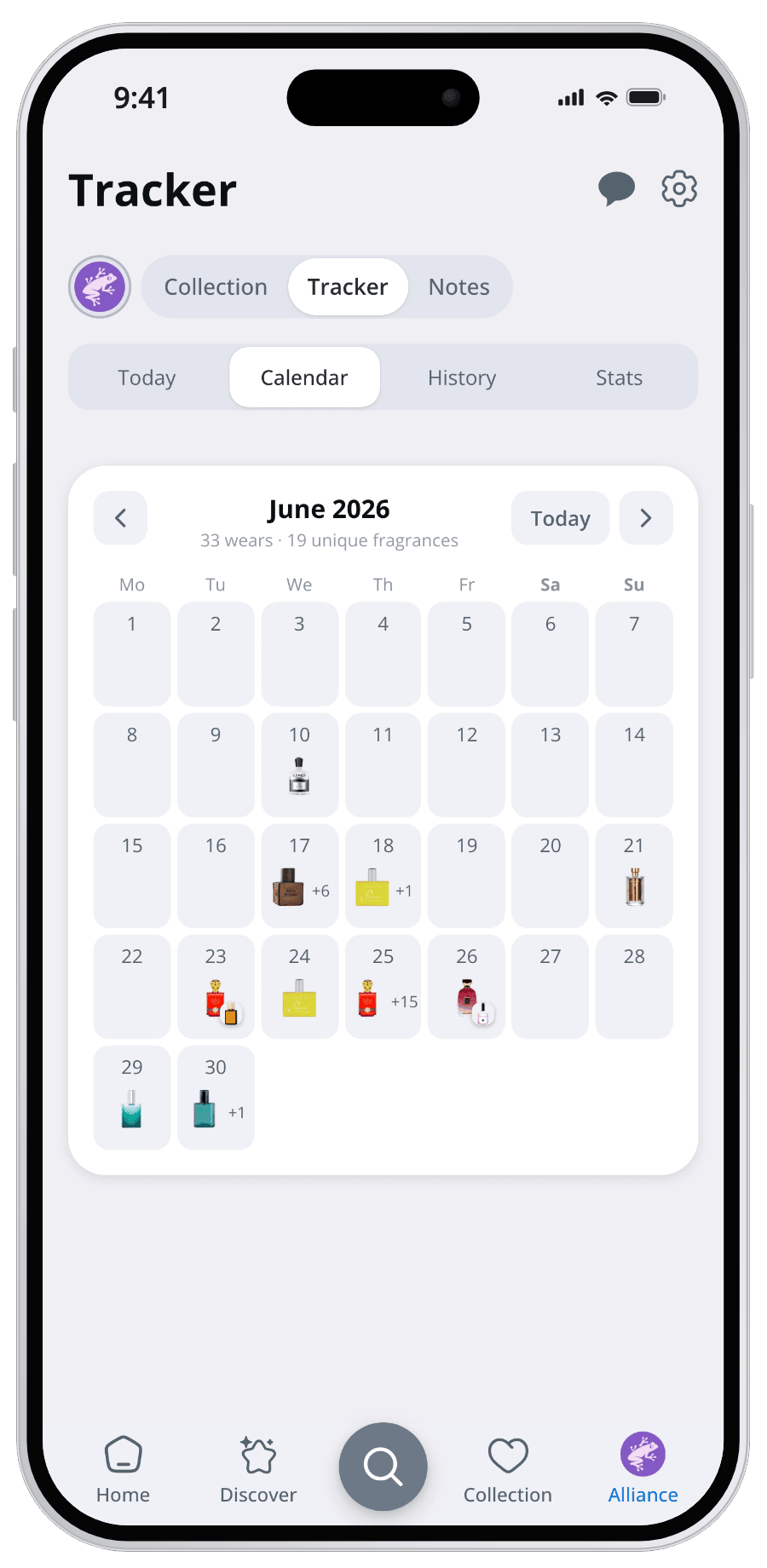 Parfumo App tracker calendar of fragrances worn each day