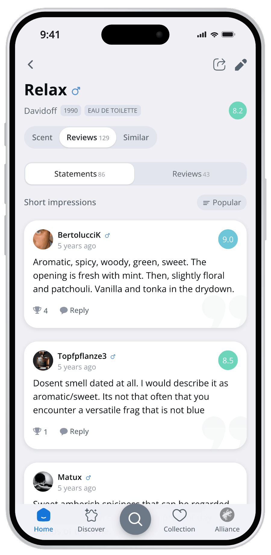Parfumo App short statements from the community about a perfume