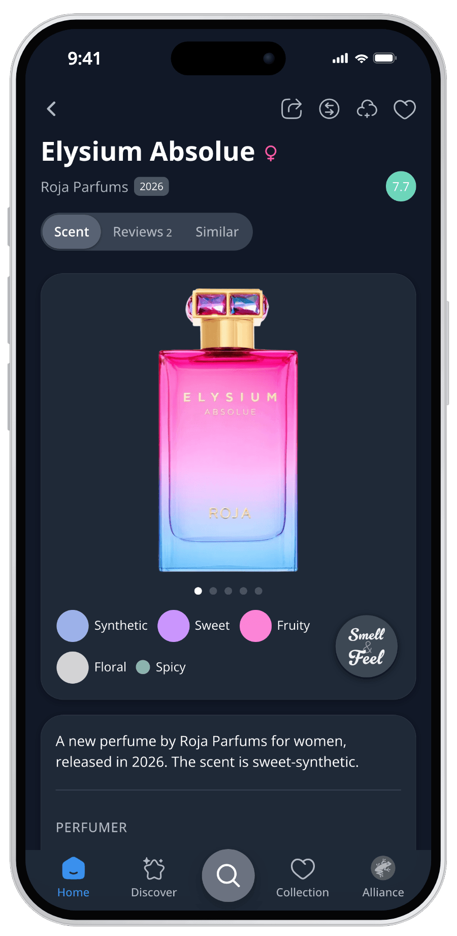 Parfumo App perfume page in dark mode